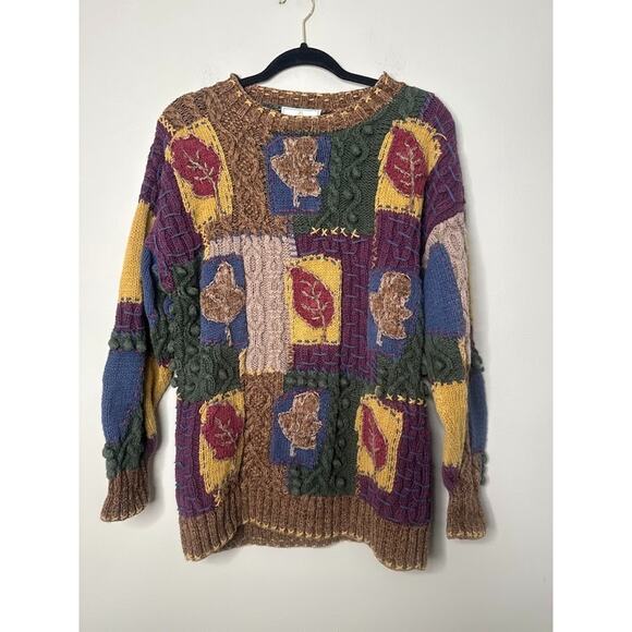 Vintage 90s Express Tricot Hand Knitted Sweater Medium Leaves Patchwork Boho - Picture 1 of 9